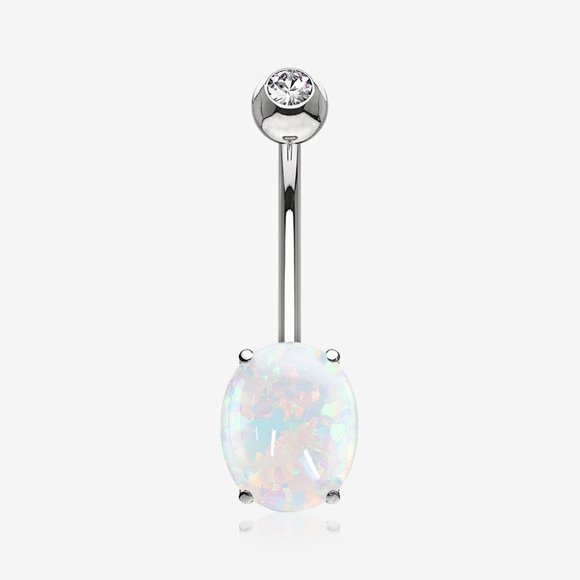 14 Karat White Gold Prong Set Fire Opal Sparkle Belly Button Ring - Picture 2 of 2